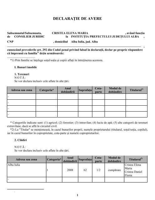 Declaratie de avere si interese - Prefectura JudeÅ£ului Alba
