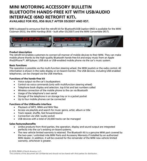 MINI Motoring Accessory Bulletin Bluetooth Hands-free MINI Motoring Accessory Bulletin Bluetooth Hands-free