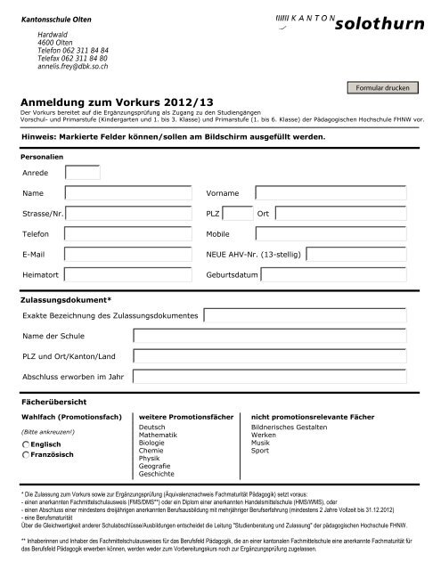 Anmeldung zum Vorkurs 2012/13 - Kantonsschule Olten