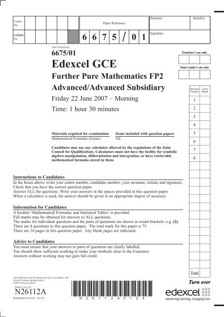 N26112A GCE Further Pure Maths 6675 June 2007.indd - Edexcel