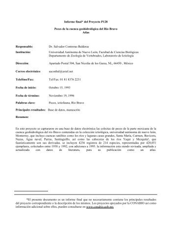 Informe final* del Proyecto P128 Peces de la cuenca geohidrolÃ³gica ...