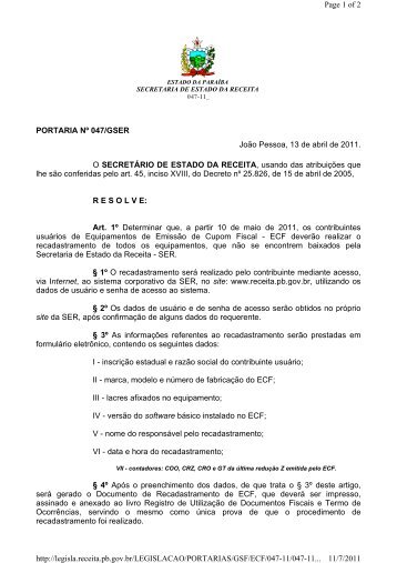 Recadastramento de ECF - Secretaria de Estado da receita