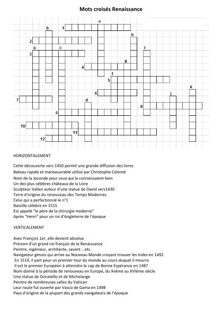 Mots croisÃ©s Renaissance - Pass Education