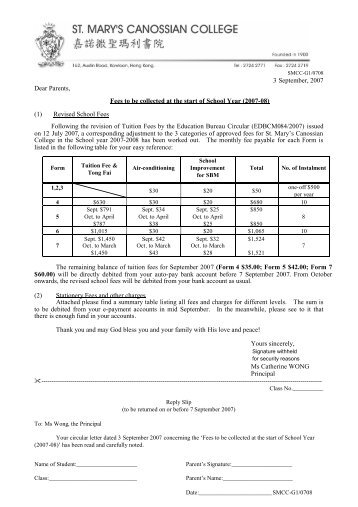 (1) Revised School Fees Following the - St. Mary's Canossian College