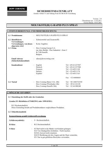 SICHERHEITSDATENBLATT MOLYKOTE(R) G-RAPID PLUS SPRAY