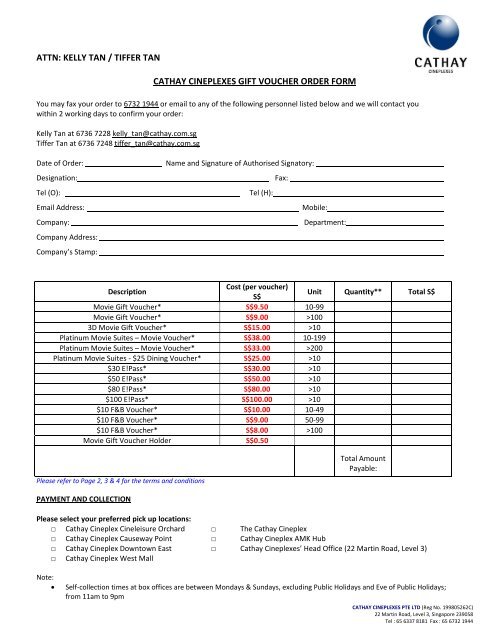 CATHAY MOVIE GIFT VOUCHER ORDER FORM