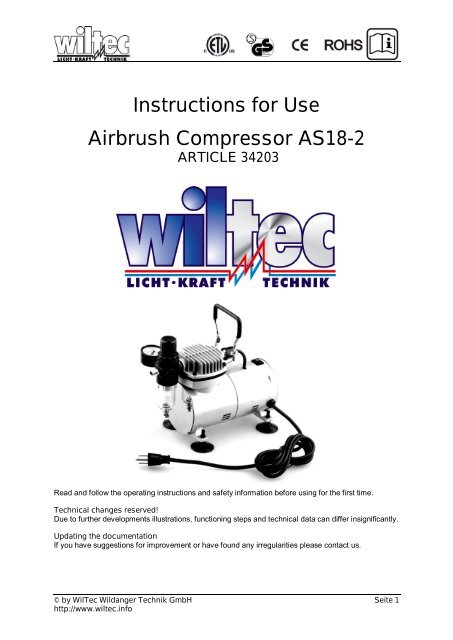 Instructions for Use Airbrush Compressor AS18-2 - WilTec