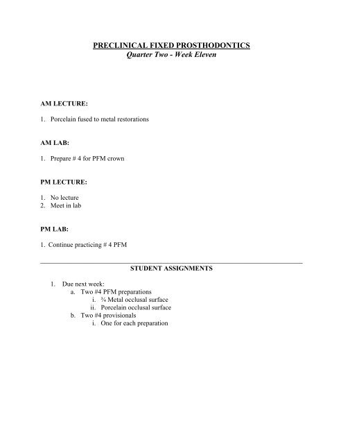 PRECLINICAL FIXED PROSTHODONTICS Quarter Two - Week ...
