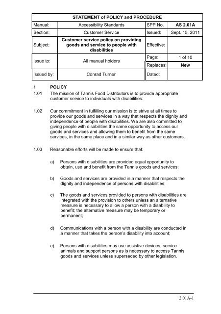 Accessibility Standard for Customer Service - Tannis Food Distributors