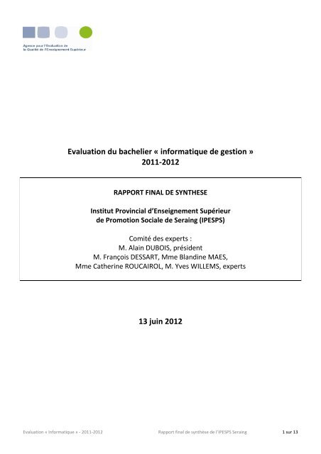 RFS Informatique IPESPS Seraing - Agence pour l'evaluation de la ...