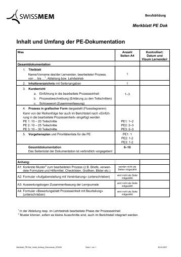 Inhalt und Umfang der PE-Dokumentation - Swissmem Berufsbildung