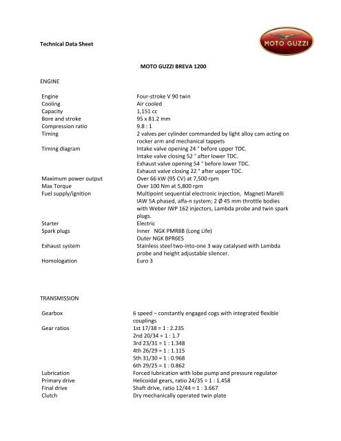 Technical Specifications - Garage Motorcycles