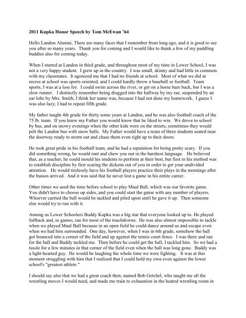 2011 Kupka Honor Speech by Tom McEwan '64 ... - Landon School