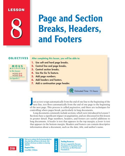 LESSON 8 Page and Section Breaks, Headers, and Footers