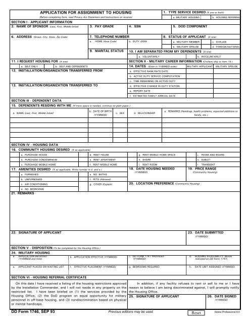 DD Form 1746, Application for Assignment to ... - Air Force Housing