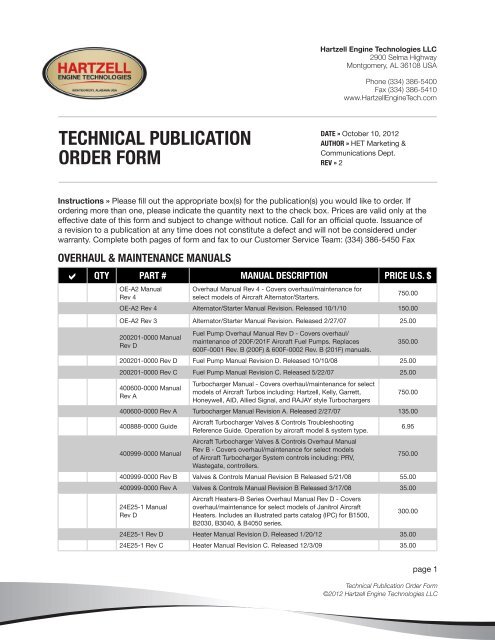 technical publication order form - Hartzell Engine Technologies