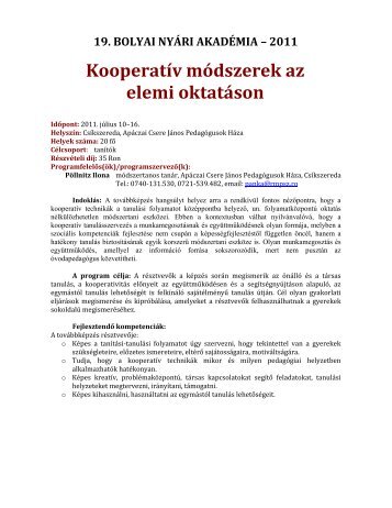 KooperatÃ­v mÃ³dszerek az elemi tagozaton (tanÃ­tÃ³k) - BNYA