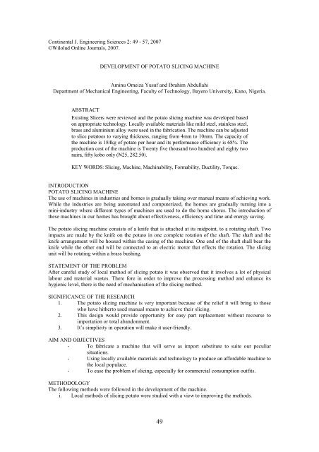 Continental J Engineering Sciences 2 49 57 Wilolud Journals