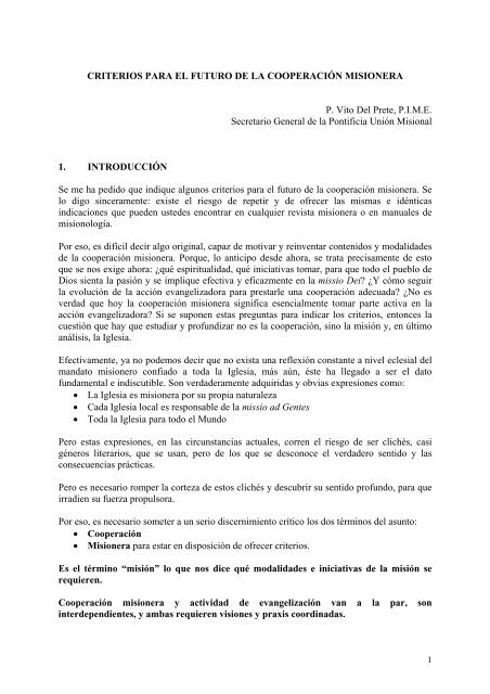 Criterios para el futuro de la cooperaciÃ³n misionera - Obras ...