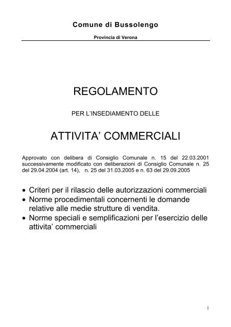 REGOLAMENTO ATTIVITA' COMMERCIALI - Comune di Bussolengo