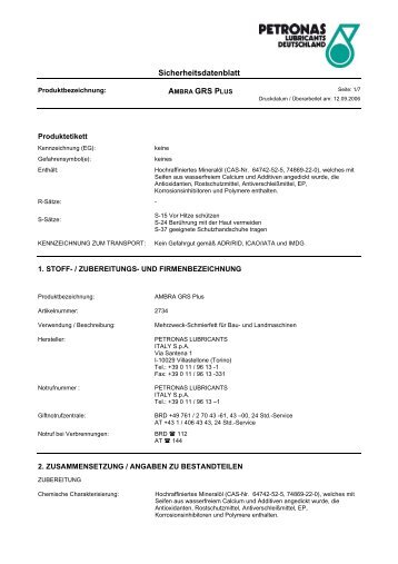 Sicherheitsdaten - petronas lubricants deutschland