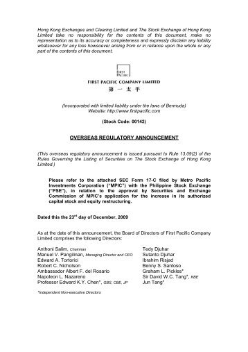 SEC Form 17-C filed by Metro Pacific Investments Corporation