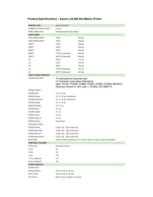 Product Specifications â Epson LQ-590 Dot Matrix Printer