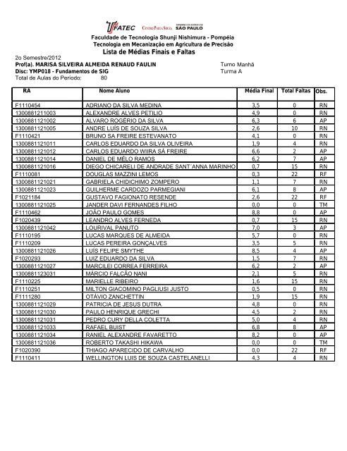 Lista de MÃ©dias Finais e Faltas - Fatec Pompeia