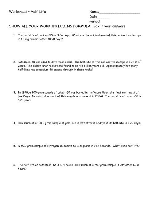 Worksheet Ã¢Â€Â“ Half-Life