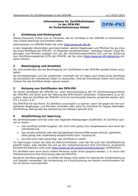 Informationen für Zertifikatinhaber in der DFN-PKI