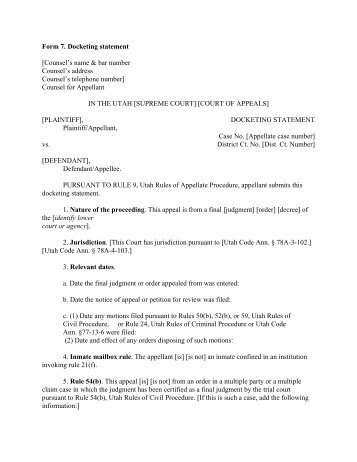 Form 7. Docketing statement - November 2012 - Utah State Courts