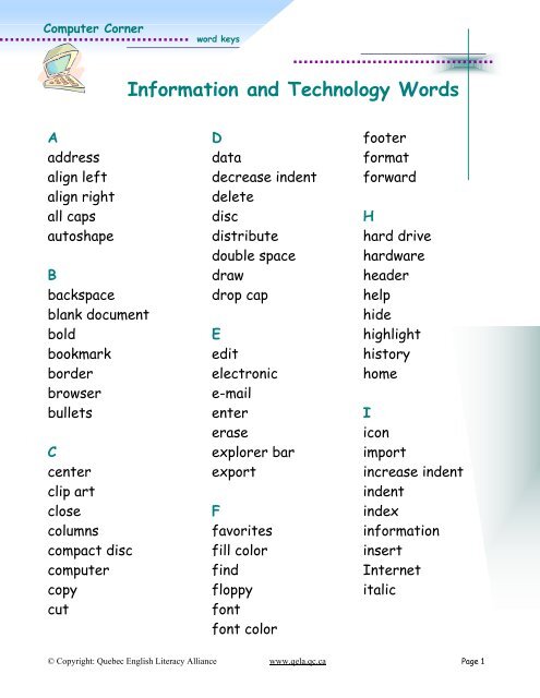 Information and Technology Word List - Quebec English Literacy ...