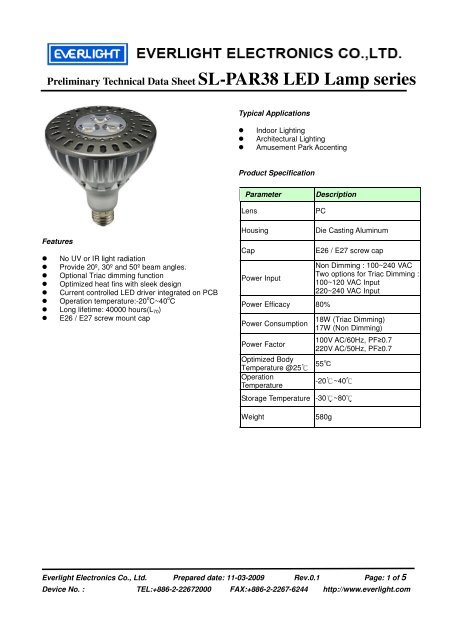 Preliminary Technical Data Sheet SL-PAR38 LED Lamp series