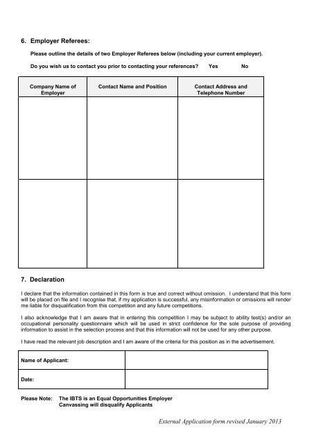 IBTS External Application Form 2013 PDF Format