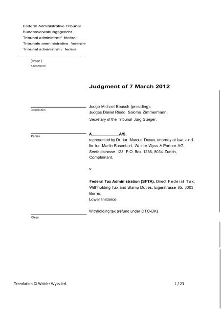 Judgment of 7 March 2012 - Walder Wyss Ltd.