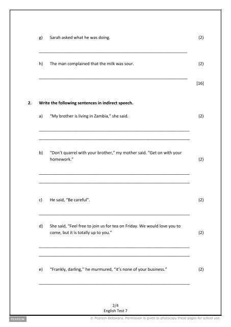 Form 3 English Test Test 7: Direct/indirect speech and ... - Pearson