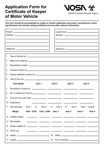 Application Form for Certificate of Keeper of Motor Vehicle