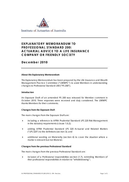 EXPLANATORY MEMORANDUM TO PROFESSIONAL STANDARD ...