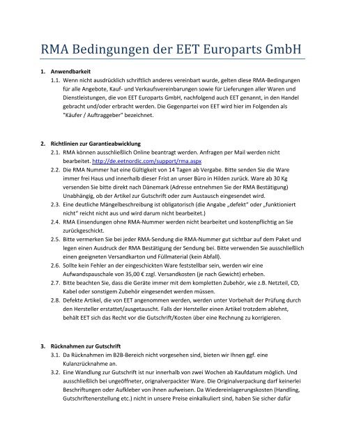 RMA Bedingungen der EET Europarts GmbH