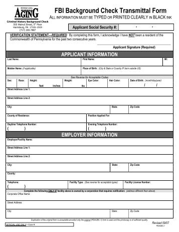 FBI Background Check Transmittal Form - Lackawanna County