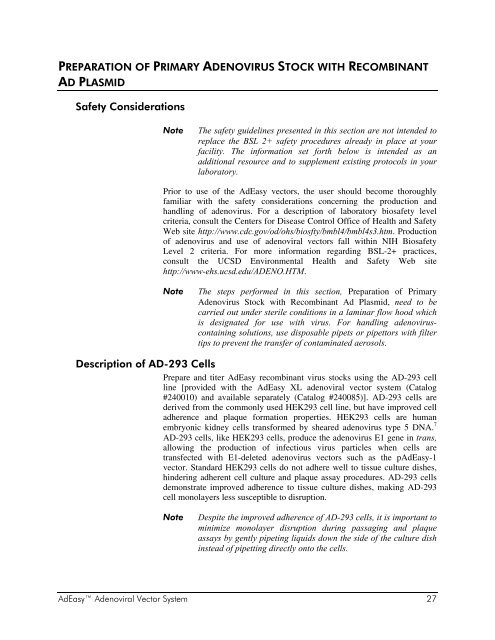 Manual: AdEasy Adenoviral Vector System - UCLA Human Genetics