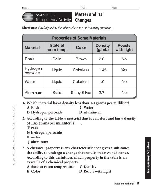 Chapter 3 Resource: Matter and its Changes