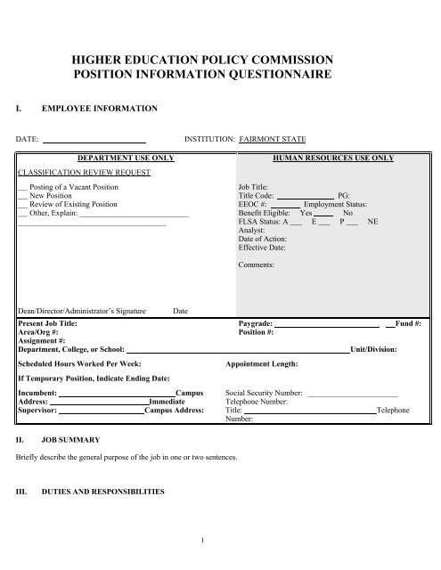 Position Information Questionnaire - Fairmont State University