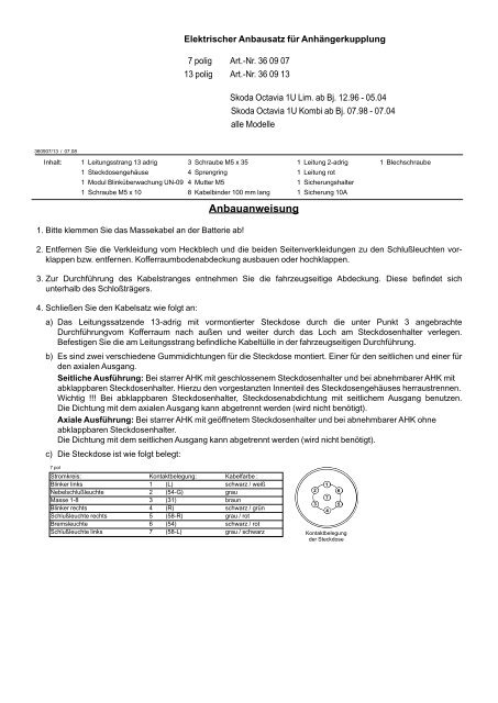 Einbauanleitung AC | Elektrosatz für Skoda Octavia ... - Bertelshofer
