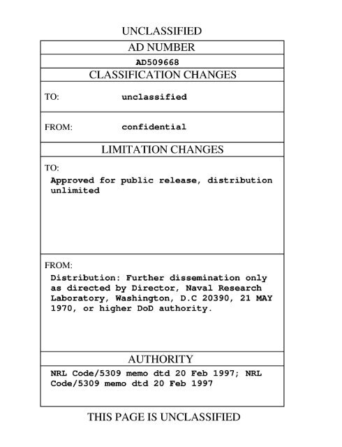 UNCLASSIFIED AD NUMBER CLASSIFICATION CHANGES - DTIC
