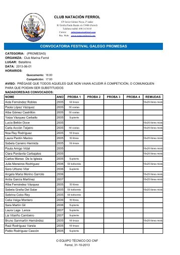 CLUB NATACIÃN FERROL CONVOCATORIA FESTIVAL GALEGO ...