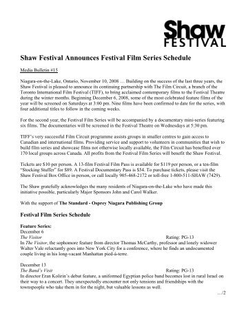 Shaw Festival Announces Festival Film Series Schedule