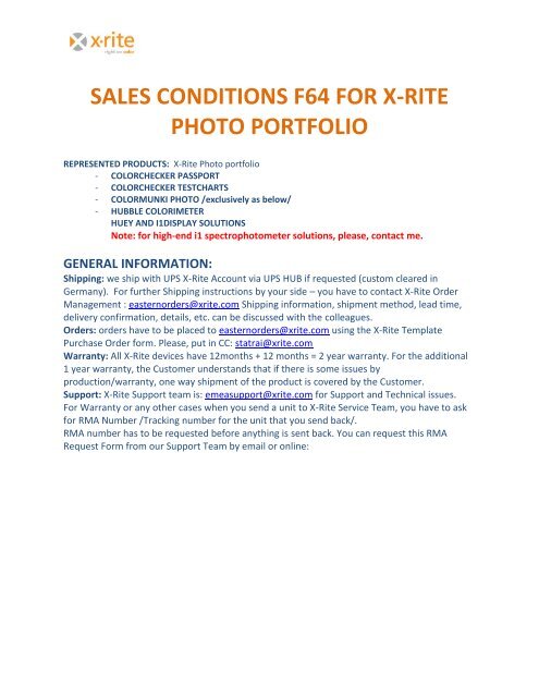 SALES CONDITIONS F64 FOR X-RITE PHOTO PORTFOLIO