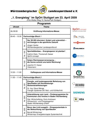 â1. Energietagâ im SpOrt Stuttgart am 23. April 2009 Programm