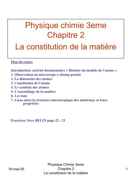 Physique Chimie 3eme Chapitre 2 La Constitution De La Matiãre